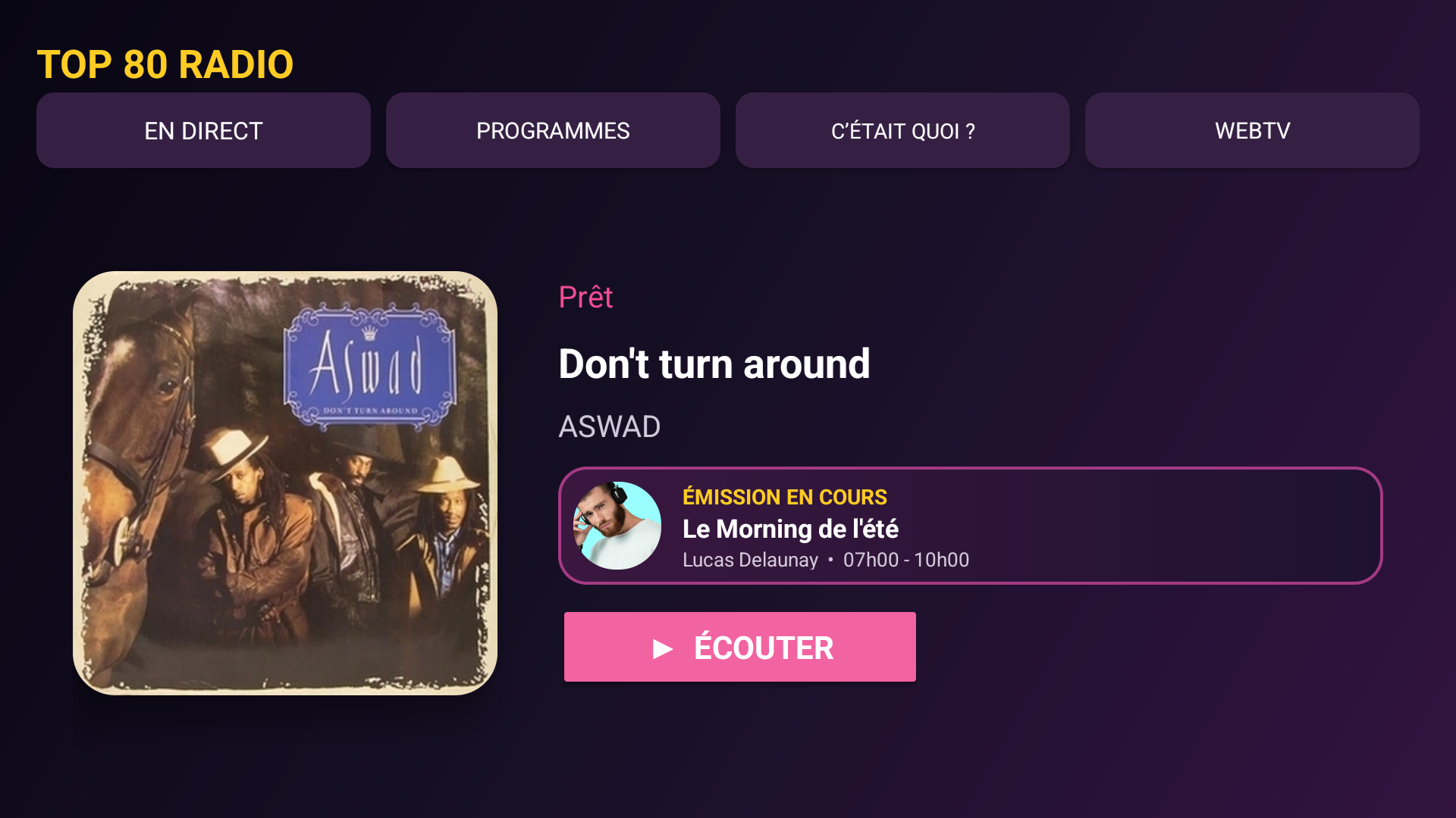 Écran de l’application TOP 80 Radio sur Google TV